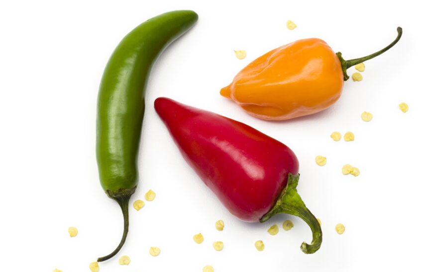 Green, yellow, and red chili peppers on a white background.